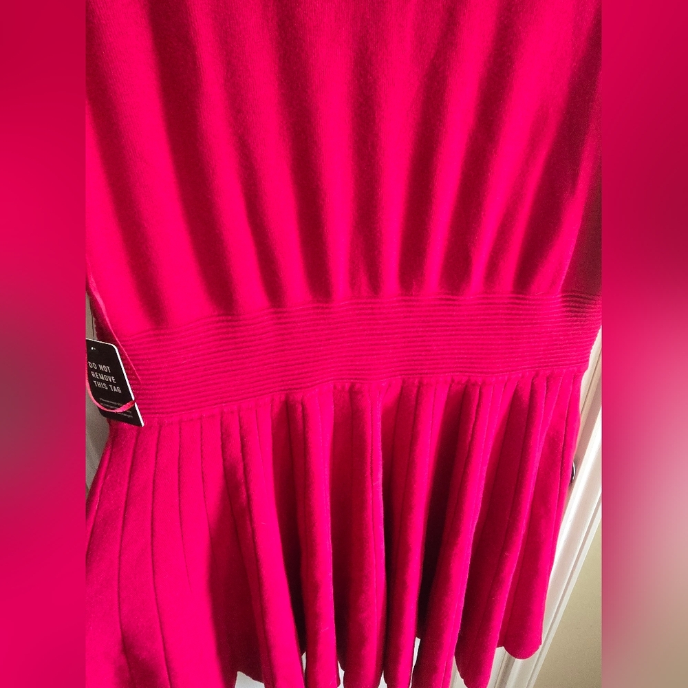 Express Red Scallop Neck Fit-and-Flare Dress - Picture 10 of 16